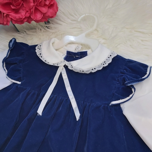 Vintage 24m  Blue Velvet Peter Pan Collar Dresss - Picture 2 of 8